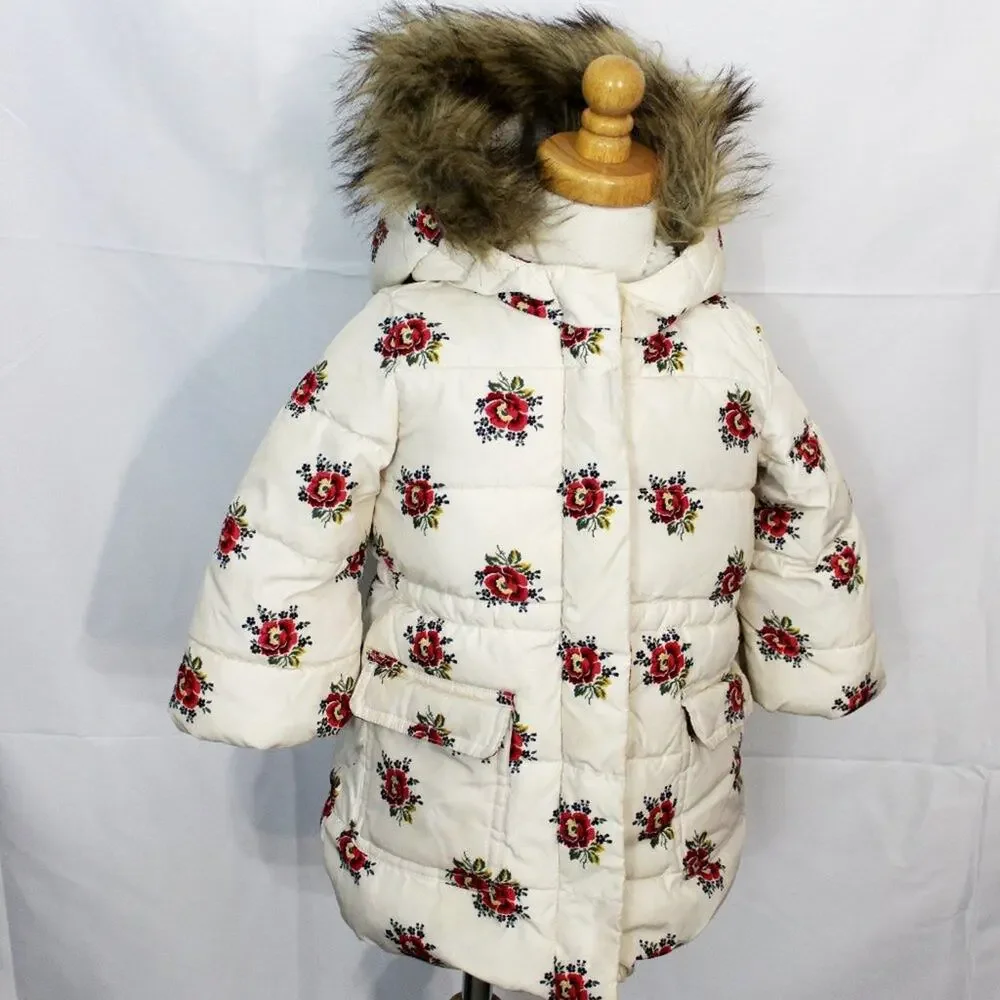 Baby Gap Floral Puffer Fur Hooded Coat 18-24 Months